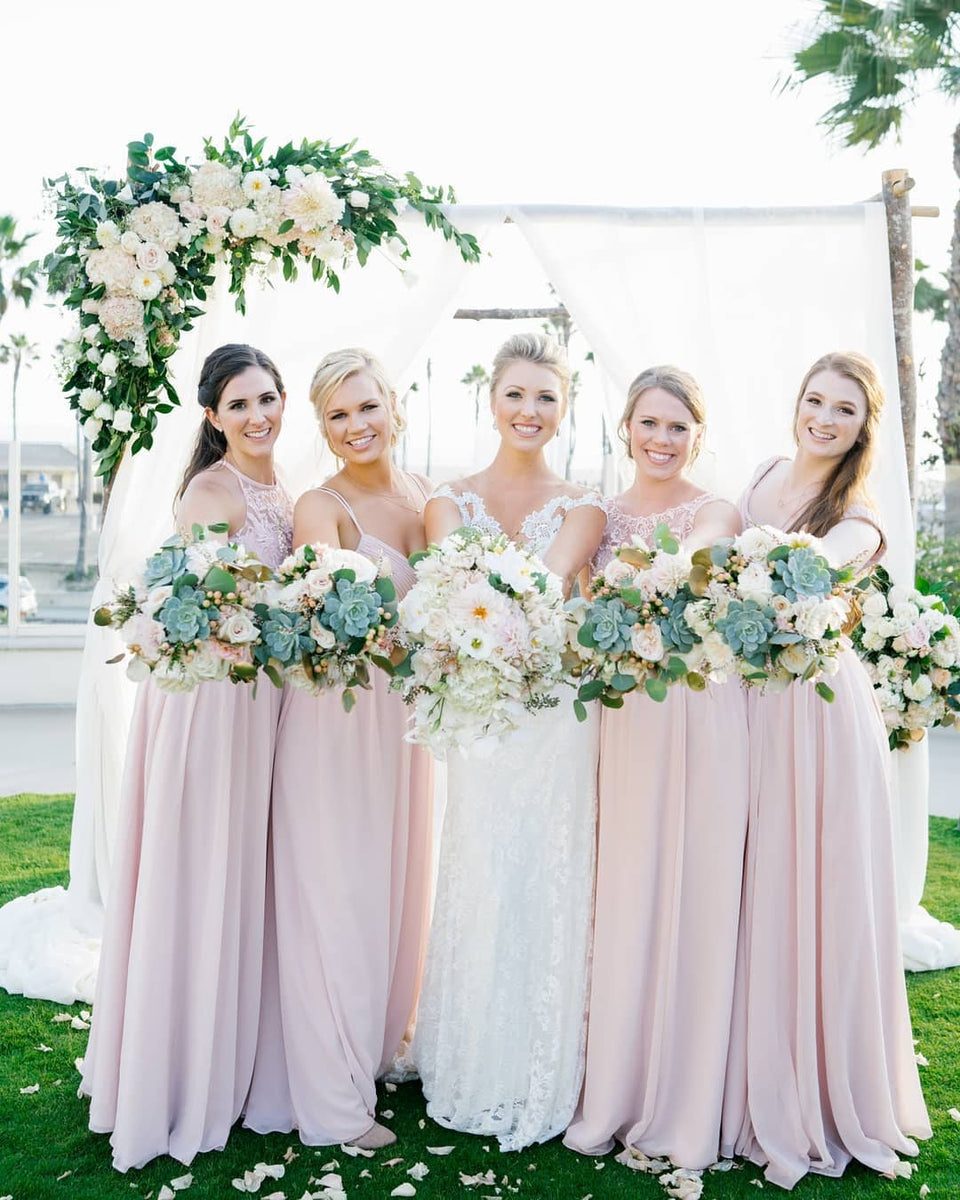 Dusty Pink Lace Mismatched High Low Fashion Bridesmaid Dresses
