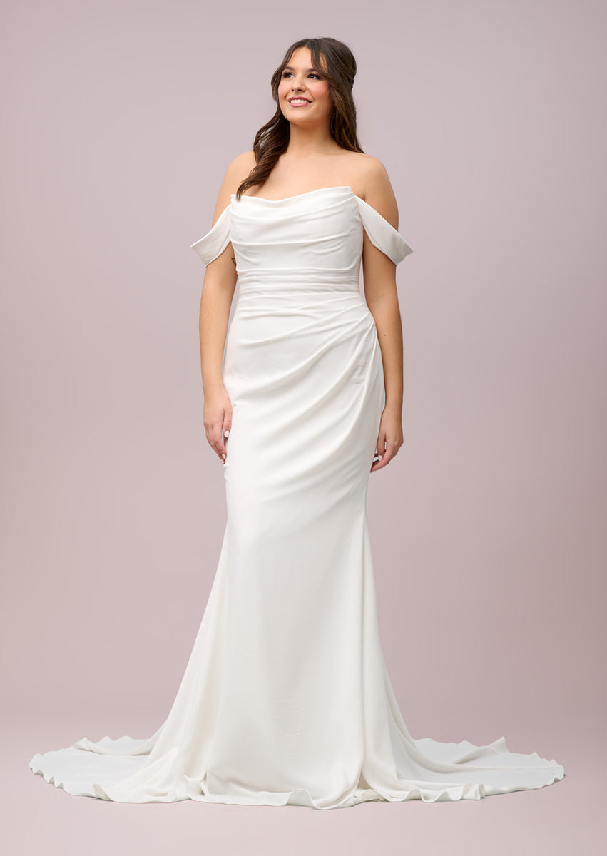 Ivory Crepe Fit and Flare Cat Eye Neckline Wedding Gown (Petite) - Selby Rae RENEWAL