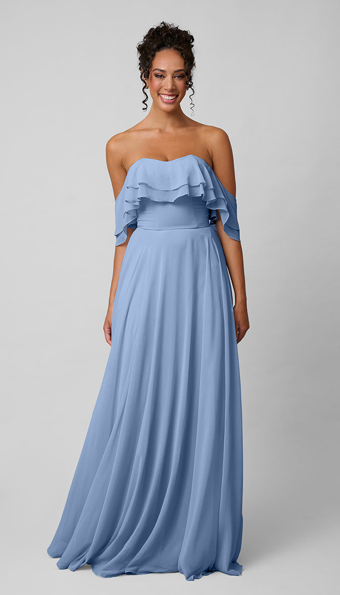 slim fit dress slacks Kennedy Blue Allison Platinum Bridesmaid Dress