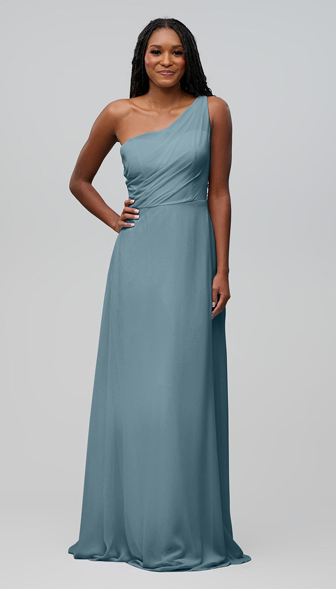 steel blue bridesmaid dresses KissProm One-Shoulder A-Line Pleated Chiffon Dress in Blue, Steel / Custom Size( Free ) Style with strappy heels and dainty gold jewelry for your next event. Steel Blue Bridesmaid Dresses
