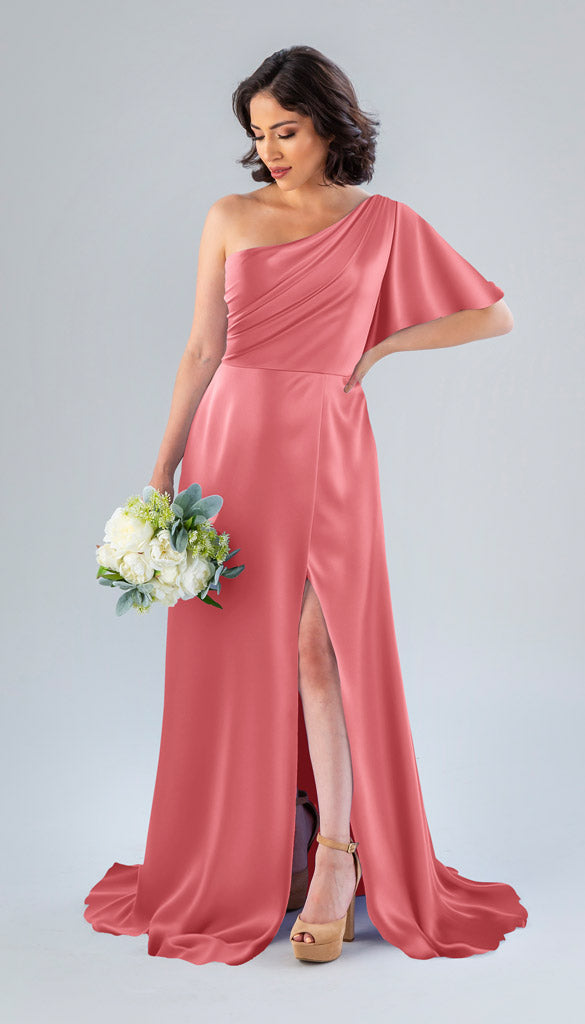 cantaloupe bridesmaid dresses Cantaloupe Satin Cowl Neck Bridesmaid Dress Sheath Floor-Length