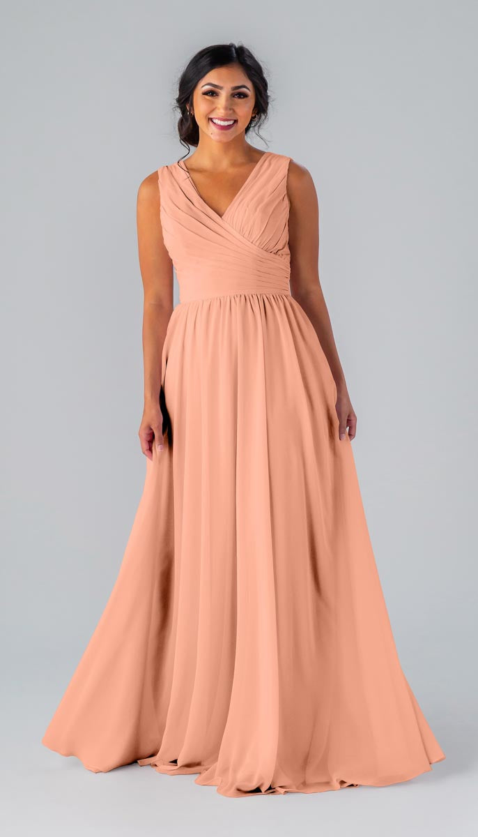 blue dress for baby girl Long A-line Peach Bridesmaid Dress with Lace Appliques – FancyVestido main image 0