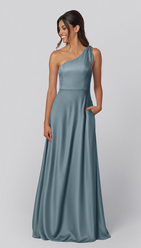 satin slate blue dress Eloise Luxe One Shoulder Bridesmaid Vintage Prom Dresses and the lace Great Outfits in Fashion Size:US14-UK16-EUR44