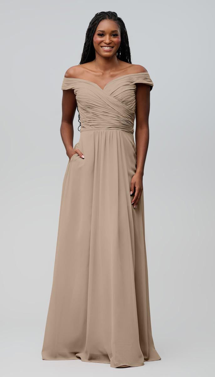 bj bridesmaid dresses Jenna Off the Shoulder Chiffon Bridesmaids Dress azazie moody blue vs dusty blue