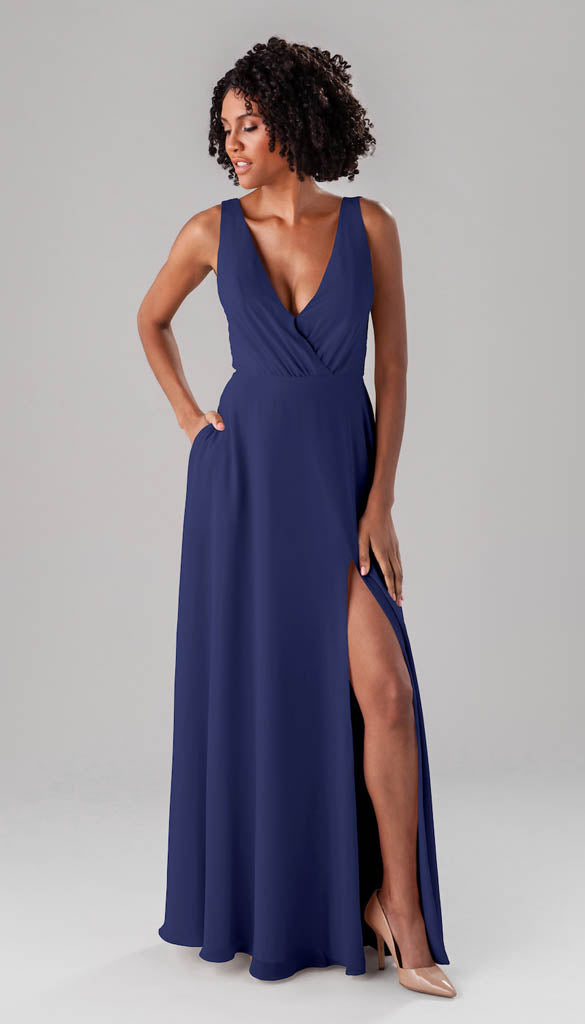sapphire bridesmaid dresses Meg Clean & Modern Dress Line Silhouette This deep V neckline bridesmaid dress is designed to elongate the figure and accentuate the waist Convertible Bridesmaid Slate Blue Bridesmaid