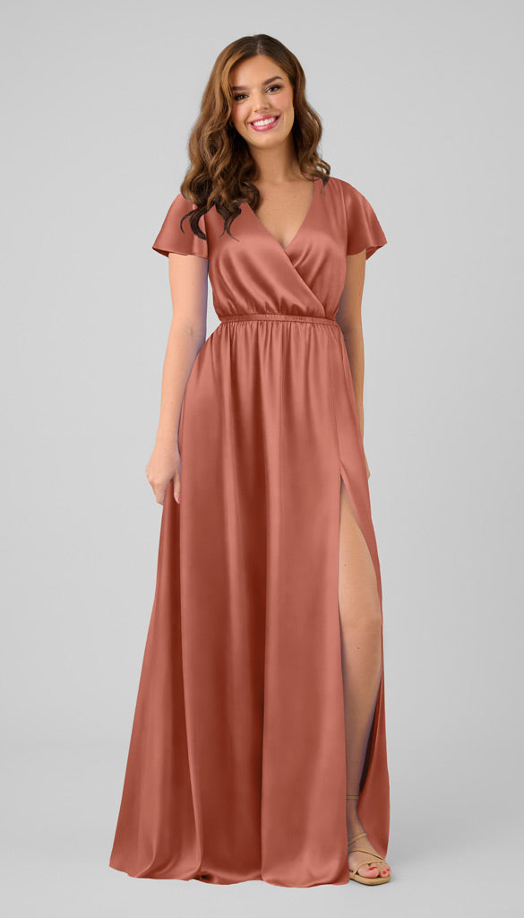 spice bridesmaid dresses Kennedy Blue Kyra Luxe Satin Dress Edit:BRIDAL SHOWER Stormy Blue Dress - Style:Style B y chiffon sleeves