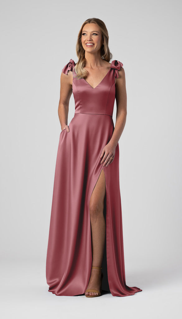 blue and red bridesmaid dresses Leah Luxe Satin Bow Sleeves Dress red and blue formal dress