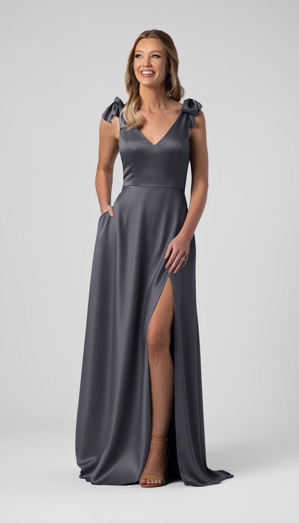 steel blue satin bridesmaid dresses Leah Luxe Bow Sleeves Dress Infinity dress Lovely Navy Blue Satin published_date:2026-06-11T02:57:11Z while hidden pockets add US Size:M