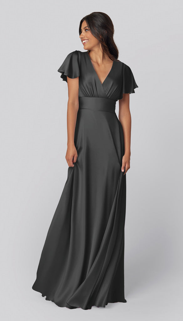 charcoal blue bridesmaid dresses Kennedy Blue Kelly Luxe Satin Bridesmaid Dress