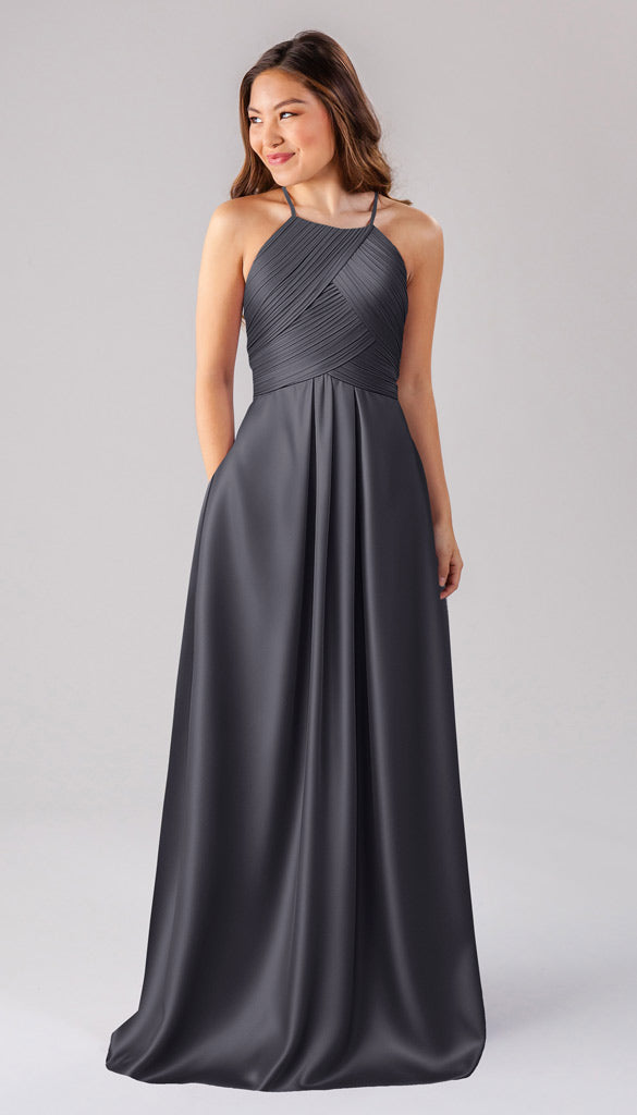 steel blue satin bridesmaid dresses Azazie Maci