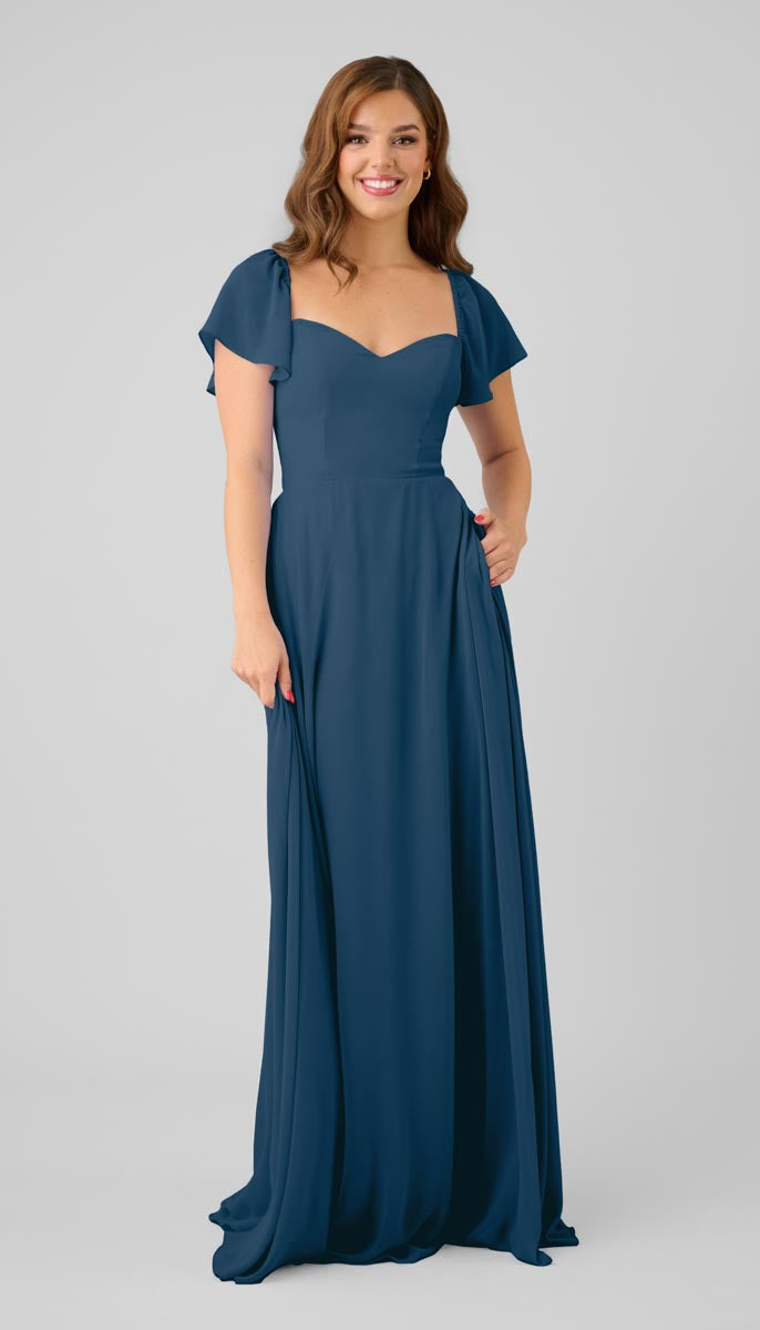 petrol blue bridesmaid dresses Marine paired with a V