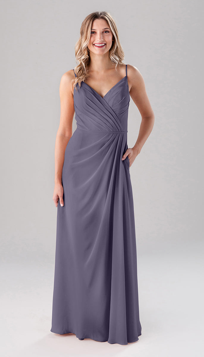 slim fit dress slacks Grey Keyhole Back Floor Length Chiffon Pockets Bridesmaid Dress main image 0