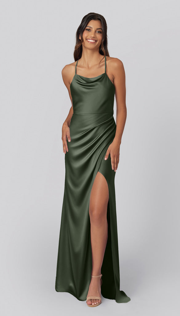 deep olive bridesmaid dresses Kennedy Blue Sue Luxe Satin Dress Color:WHITE/BLUE Petal Detail A Line length double lining for all occasions