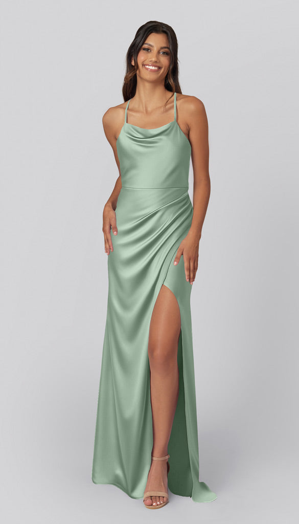 sea glass satin dress Azazie Agustina