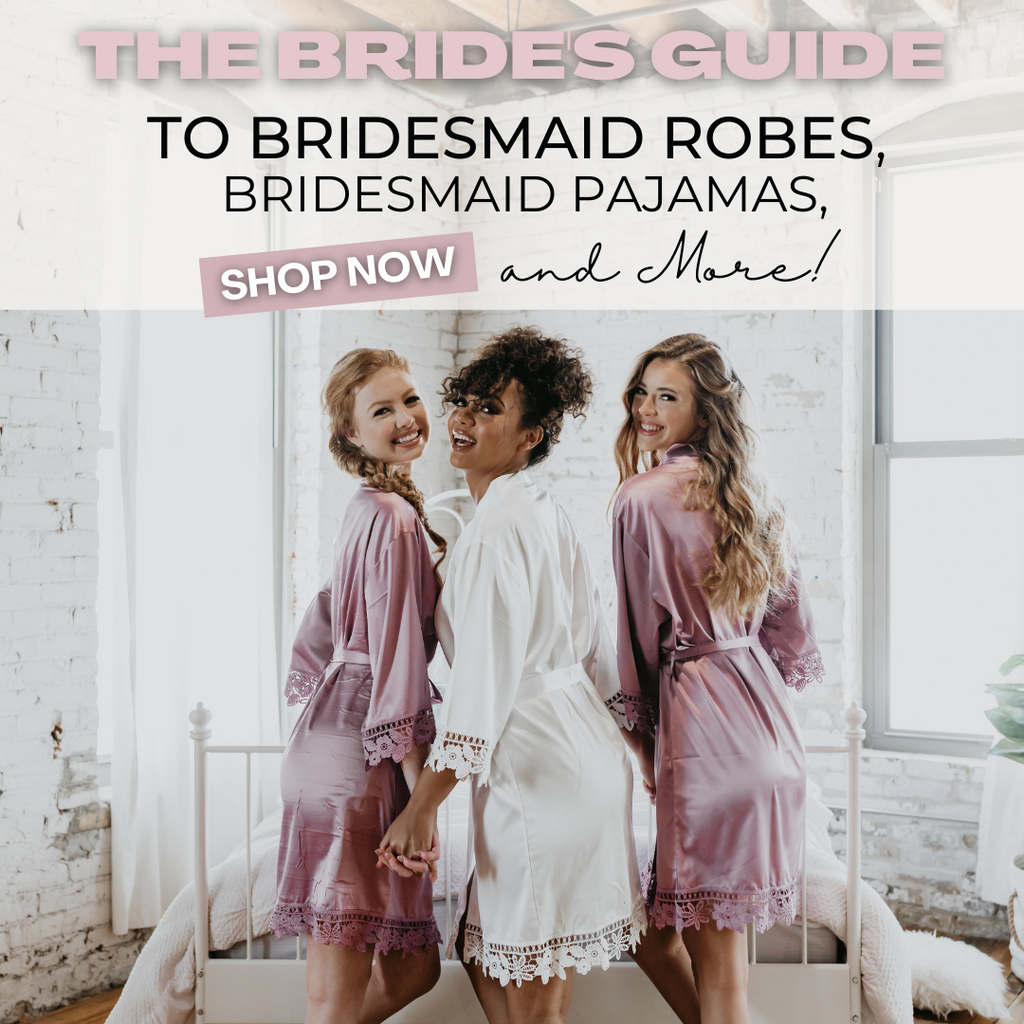 Bride and Bridesmaids wearing bridesmaid robes. 