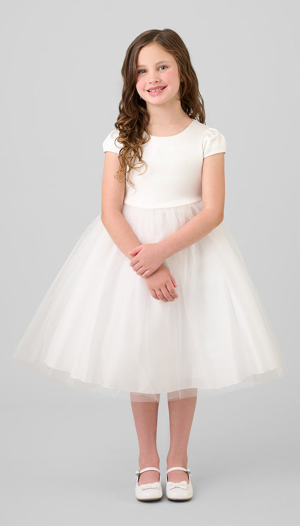 Capped Sleeve Satin & Tulle Girls Dress 8 / Ivory