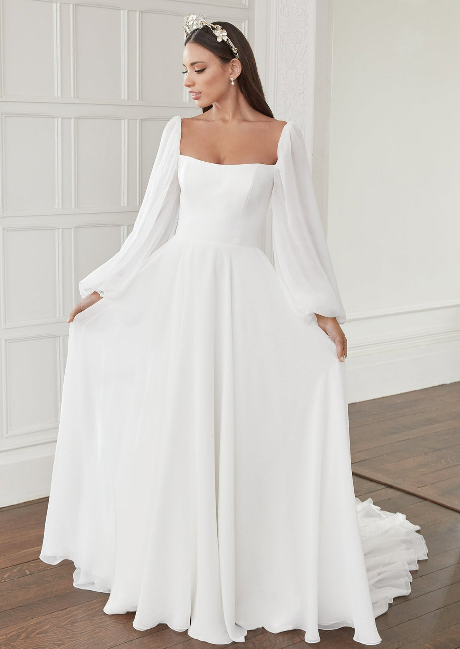 44374: Luxe Satin A-Line Gown with Asymmetric Skirt and Slit