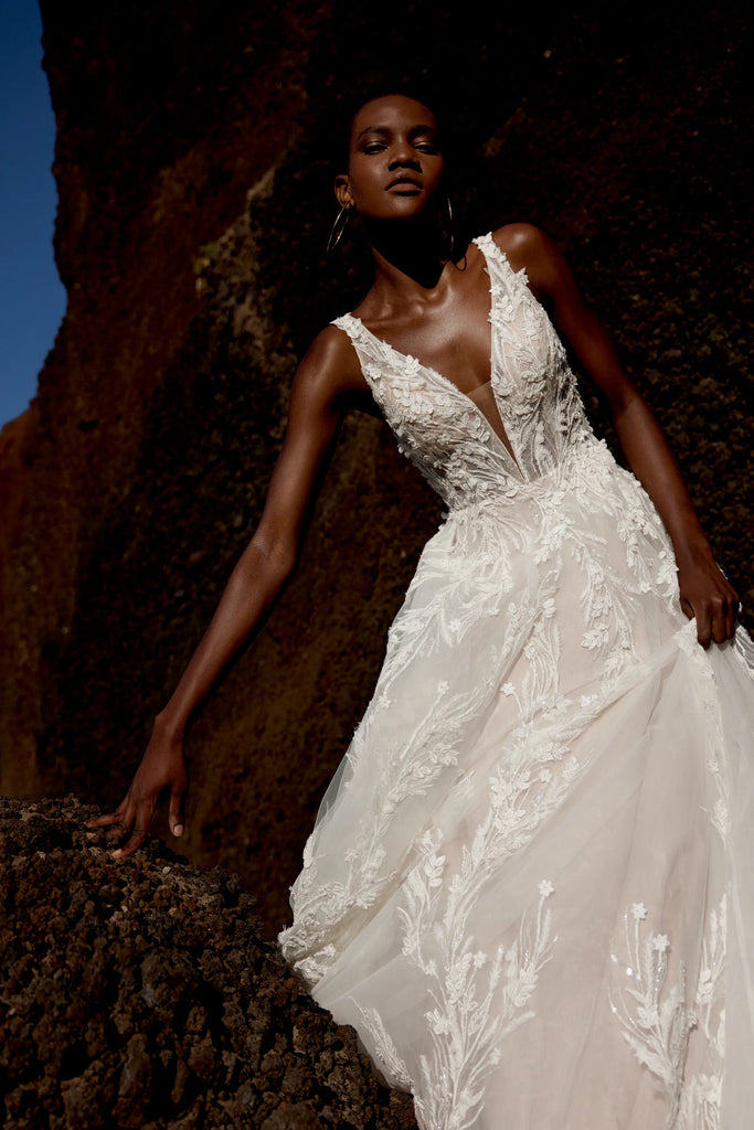lillian west wedding dress 66376: Allover Embroidered A-Line Gown with Strapless Scoop Neckline