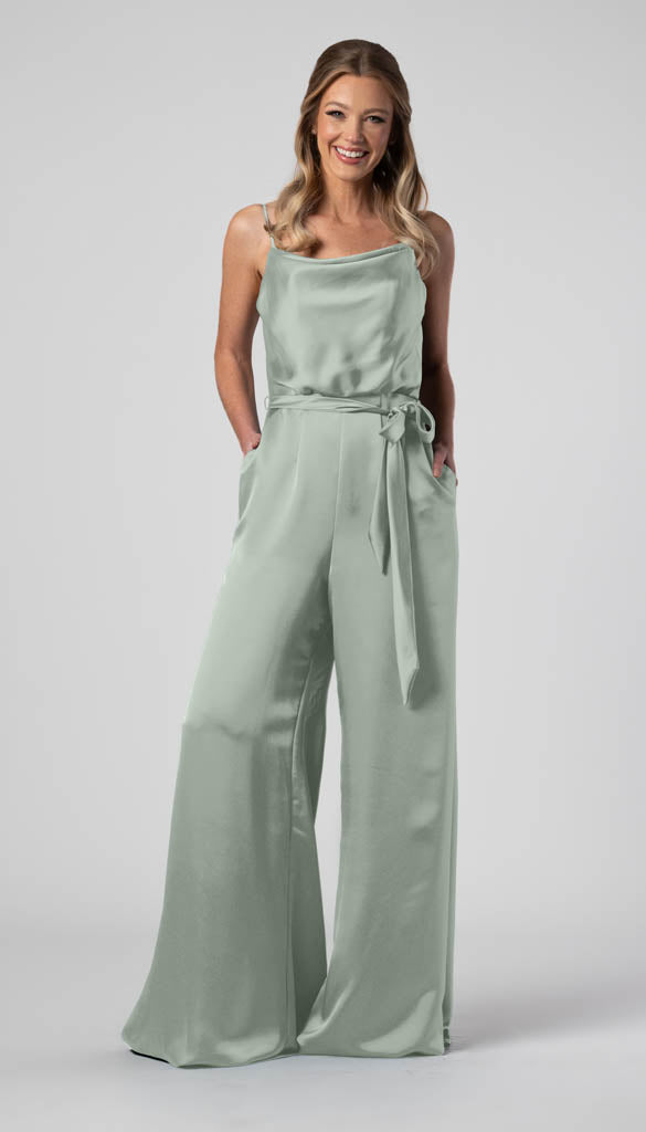 Kennedy Blue Satin Bridesmaid Jumpsuit | Wedding Shoppe