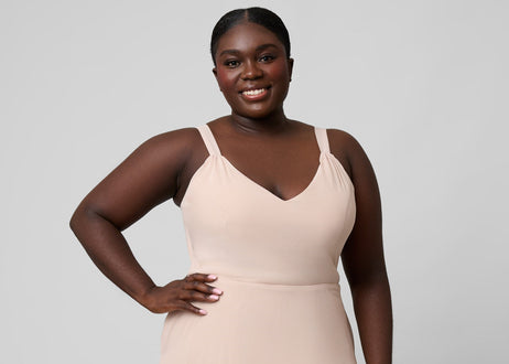 Model wears Kennedy Blue Platinum Meg in Tan