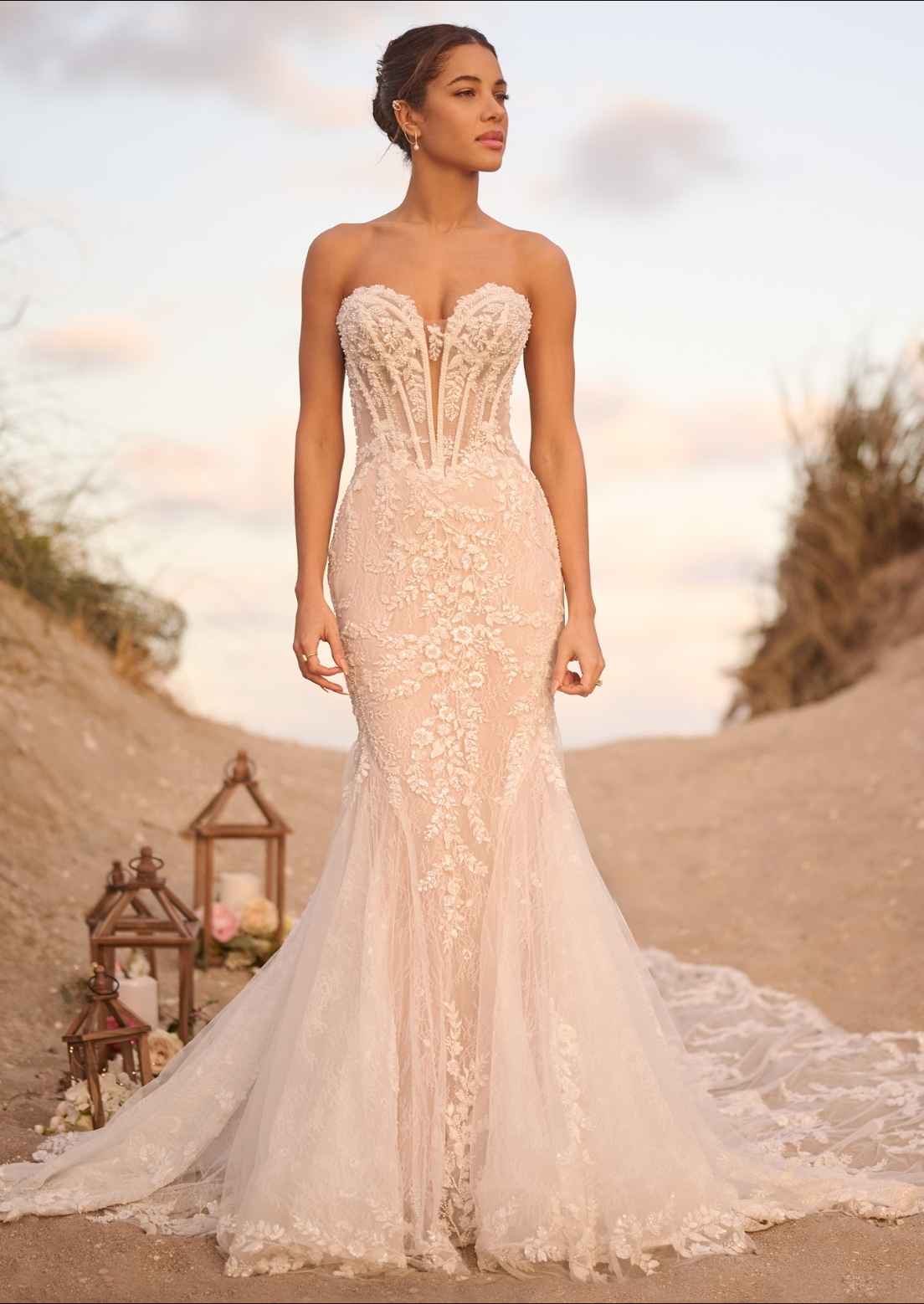 fit and flare wedding dress maggie sottero Benjie Royale Maggie Sottero 23MS618A01 Is Color:Lilac (Plum) Asymmetric Denim Dress – Ruffled