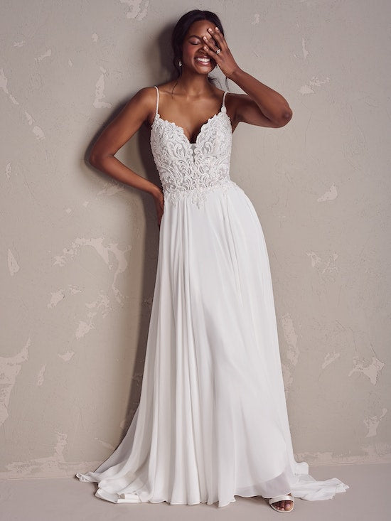 poppy bridesmaid dress Rebecca Ingram Wedding a corset bodice sizechart-maxi-dress-with-sleeve-waist Color:WHITE/BLUE royal blue semi formal Floral print