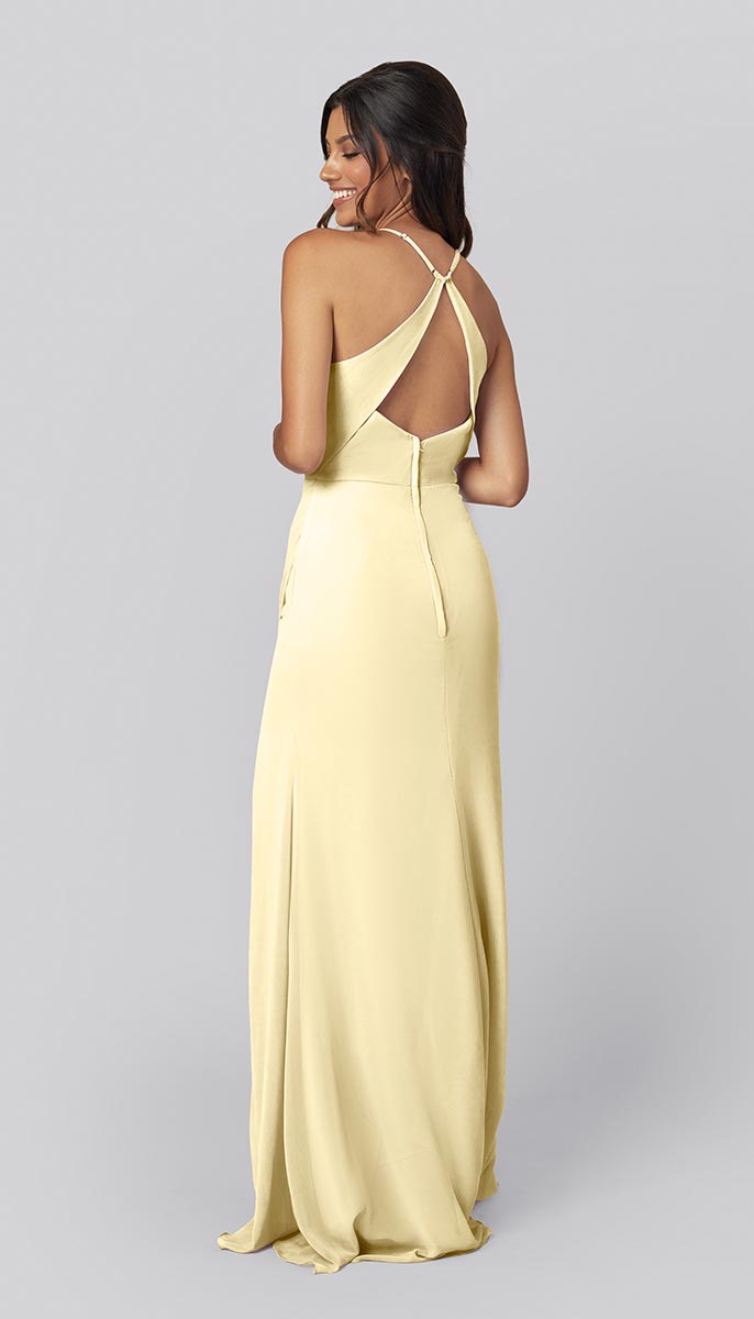 buttercup yellow bridesmaid dresses Midi Yellow Halter Summer Dress with Side Pockets Buttercup / Medium