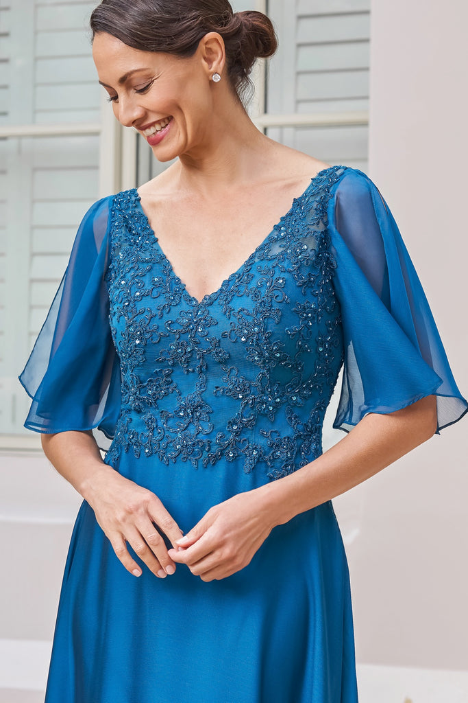 slim fit dress slacks Mother of The Bride Dresses Jade Green A Line Chiffon V Neck Ruffle Sleeves Appliques Waist High Low Mother of The Bride Dresses main image 0