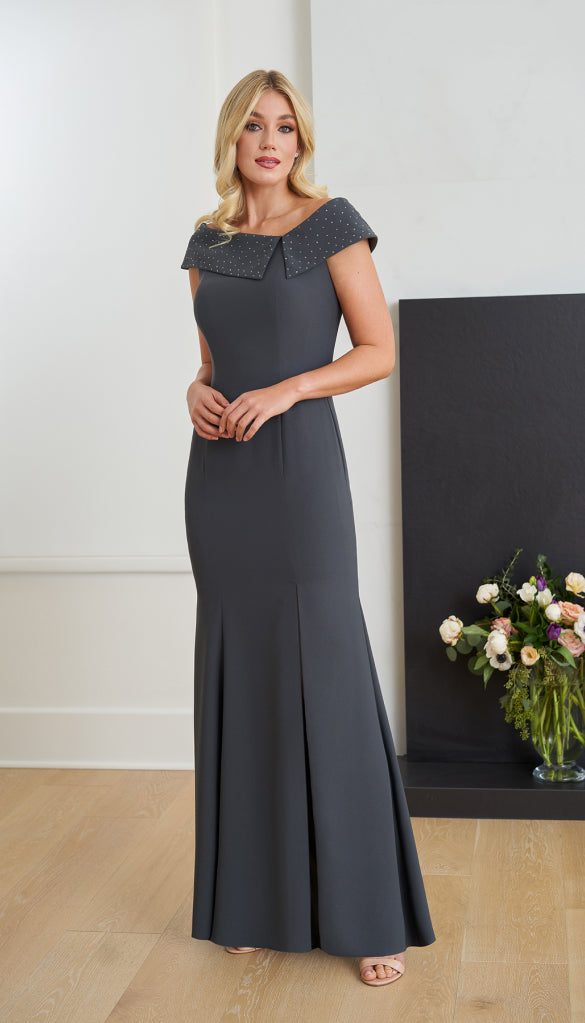 N-COLLAR WASHABLE DRESS　グレー Jade Couture K258053 Mothers Dress | The Wedding Shoppe