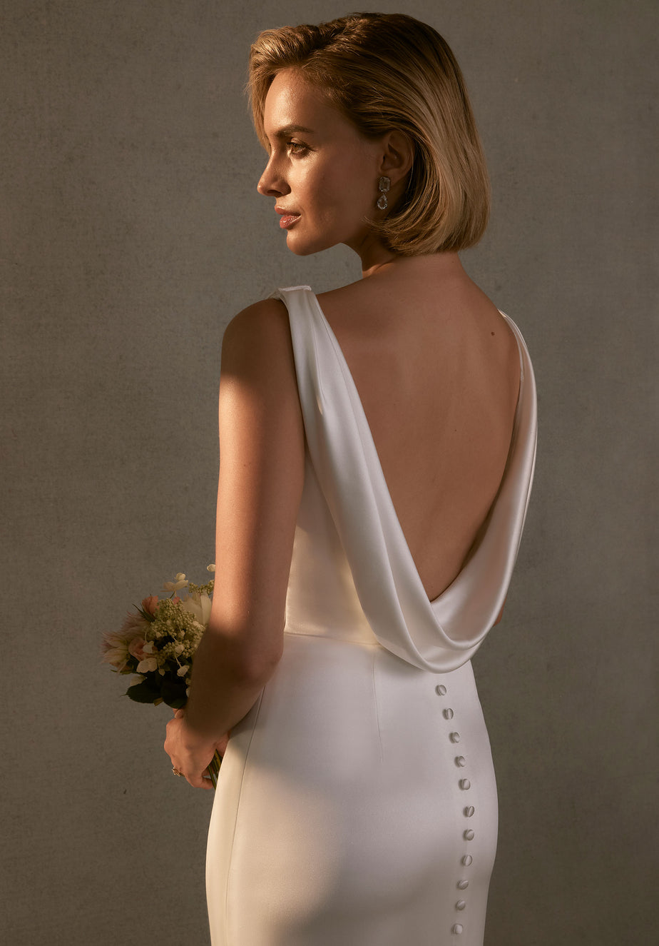 sachin and babi light blue dress Bridal Ivory Satin Open Back Long Sleeve Isadora Maxi Dress main image 0