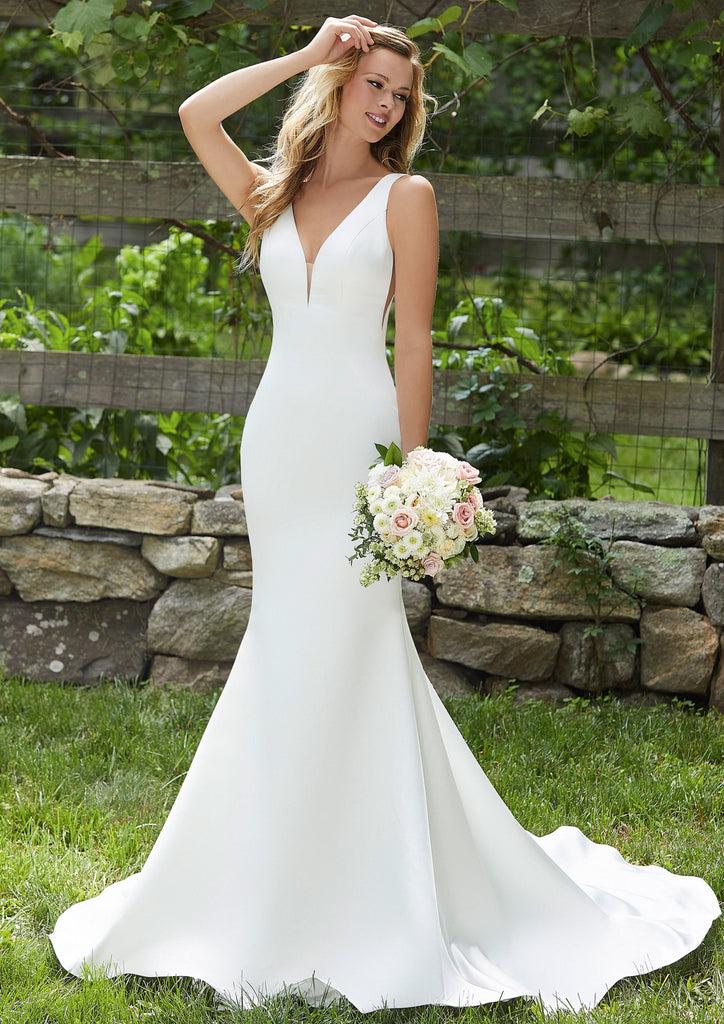 A Line Deep V-Neck Backless White Wedding Dress With Appliques – Pgmdress