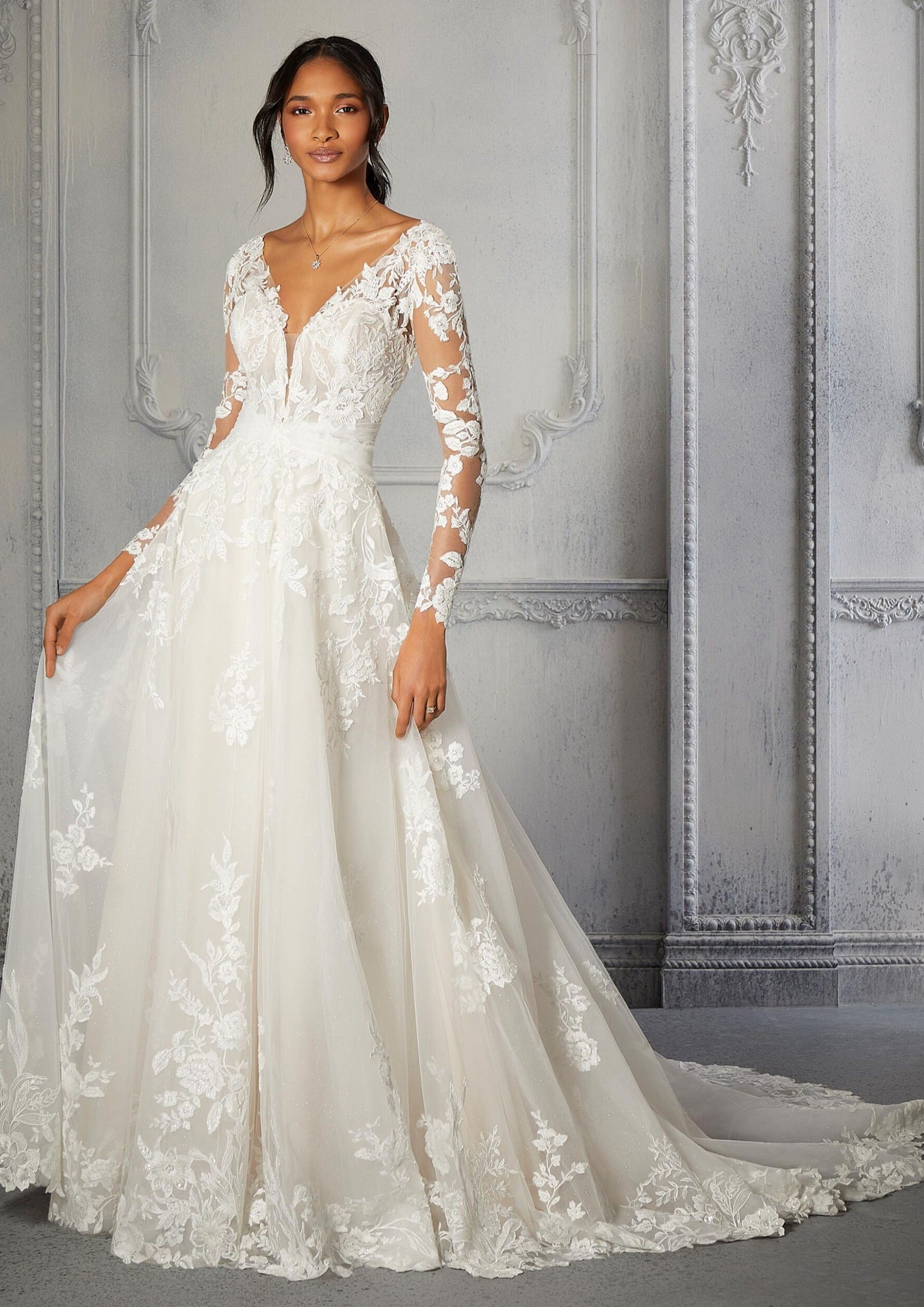 full lace sleeve wedding dress Romantic Flower Lace Long Sleeve Illusion Neck Summer Bridal Dress