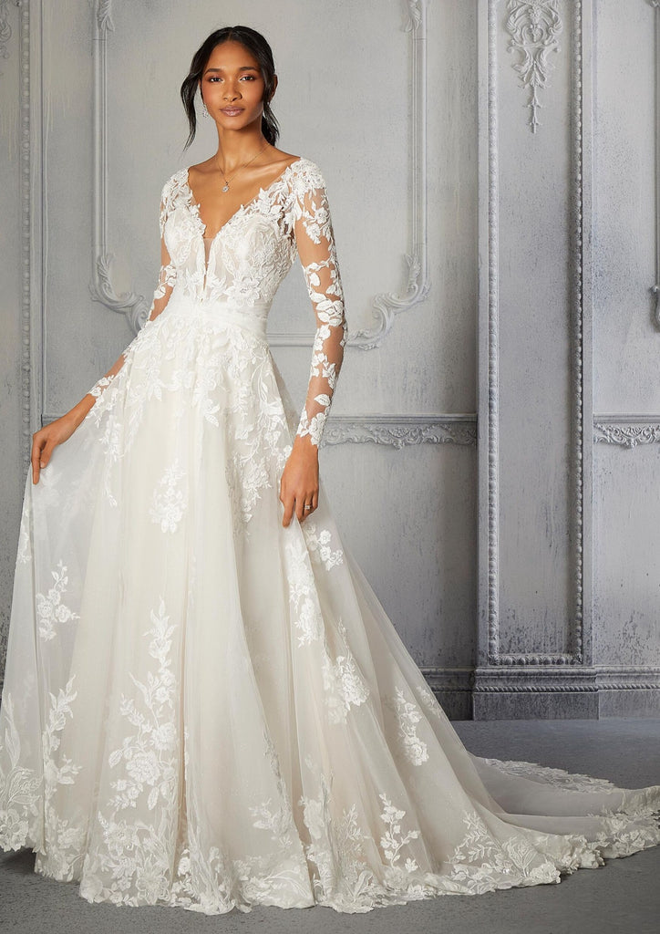 lace dresses wedding V Neck Floral Lace Wedding Dress Fit & Flare Mermaid Ivory XL Dahlia by Grace Loves Lace