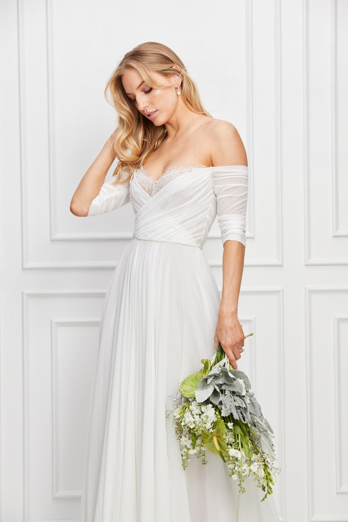 off shoulder wedding dress necklace Necklace For Off Shoulder Wedding Dress Billowy Long Sleeve Off-the-Shoulder Wedding Dress David's Bridal