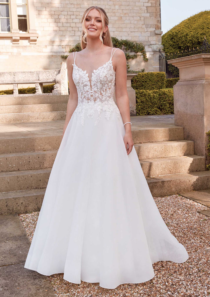 44374: Luxe Satin A-Line Gown with Asymmetric Skirt and Slit
