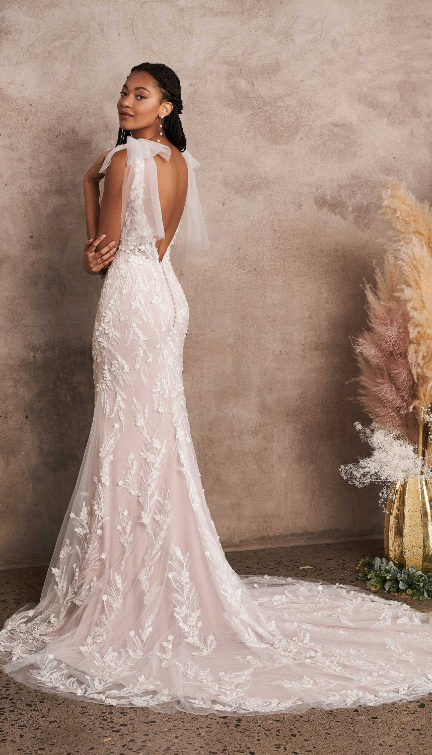 lillian west fit and flare wedding dress 66180: Scoop Neck Crepe Fit and Flare Bridal Dress with Illusion Bodice