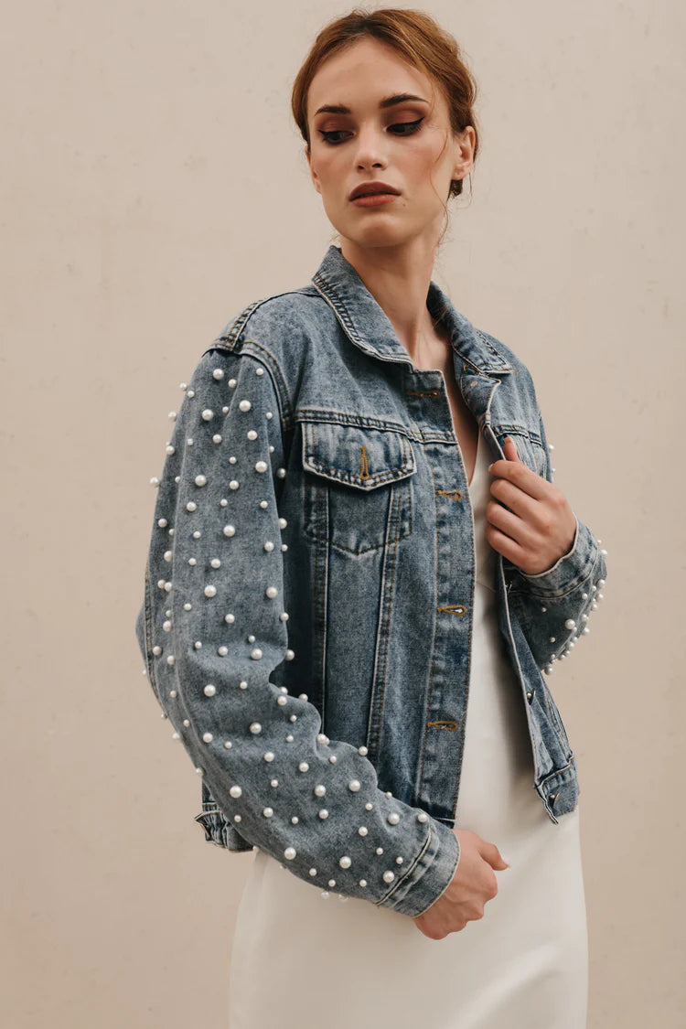 Denim jacket with pearls 2025 on sleeves