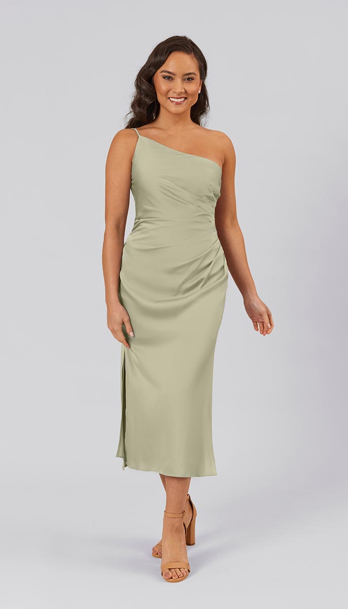 knee length dresses for ladies Olive Green Satin Midi Dress – Gabi Swimwear