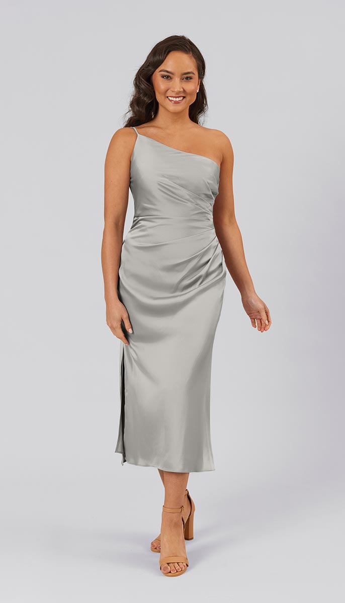 grey silk bridesmaid dress Azazie Alia