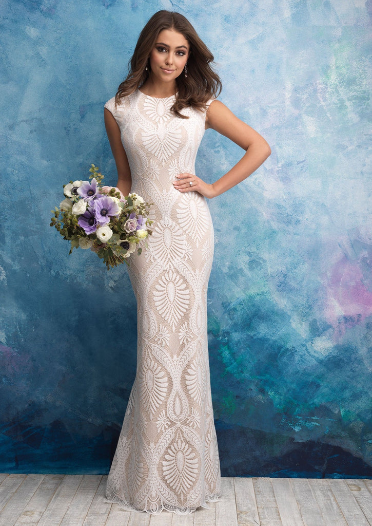 Allure Modest Sheath Cap Sleeve Wedding Wedding Dress M604 – Lace Shoppe
