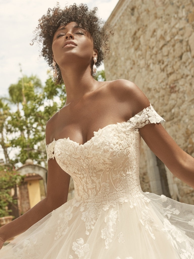 maggie sottero off shoulder wedding dress Marcy by Maggie Sottero Couture Romantic Fit-and-Flare Wedding Dress illusion Off-the-Shoulder Sleeves