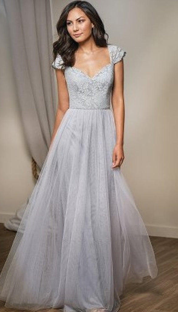 soft tulle bridesmaid dresses Belsoie L204007 Lace and Cap Sleeve Dress – Wedding Shoppe hollow to floor with